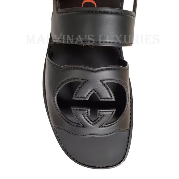 GUCCI SHOES MENS BLACK LEATHER CUTOUT INTERLOCKING G LOGO SANDALS sz 11 / 11.5 - Picture 11 of 14
